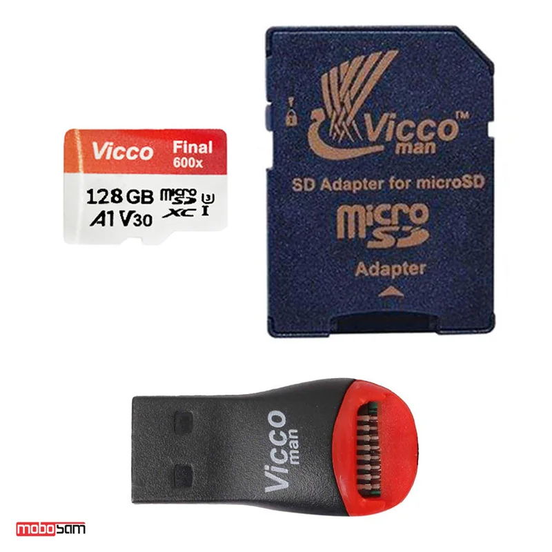 کارت حافظه microSDHC ویکومن مدل Final 600X Plus کلاس 10 استاندارد UHS-I U3 A1 V30 سرعت 90MBps ظرفیت 128 گیگابایت + رم ریدر و خشاب SD